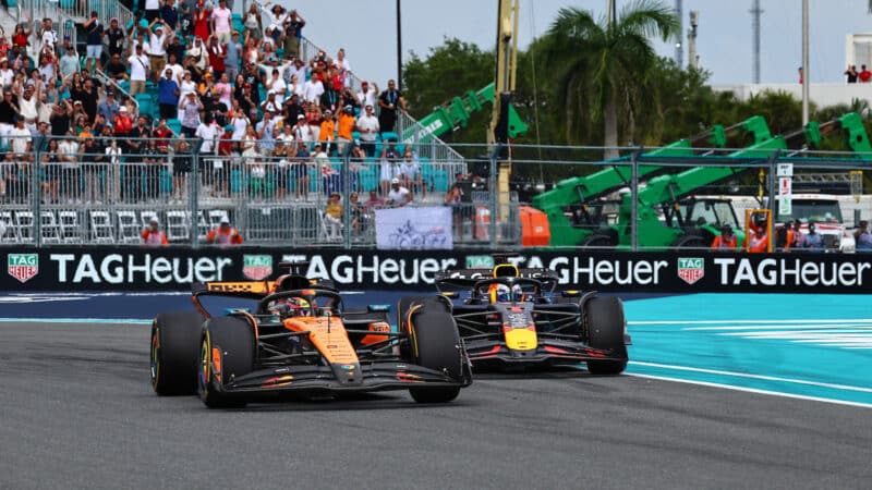 Oscar Piastri overtakes Max Verstappen (Red Bull-Honda) during the 2025 Miami Grand Prix