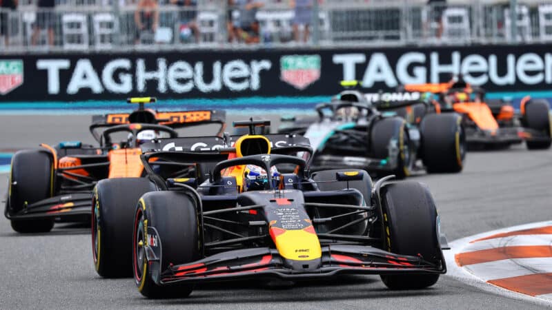 Max Verstappen (Red Bull-Honda) leads Lando Norris (McLaren-Mercedes), Kimi Antonelli (Mercedes) and Oscar Piastri (McLaren-Mercedes) during the 2025 Miami Grand Prix