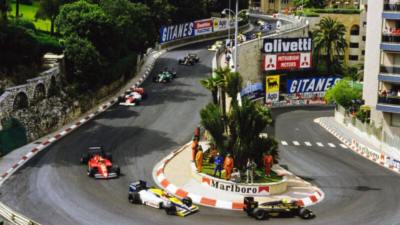 Ayrton Senna leads Nigel Mansell and Michele Alboreto in 1985 F1 Monaco Grand Prix
