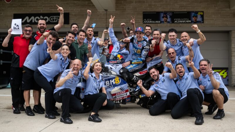 Alex Marquez celebrates with his team at the US GP