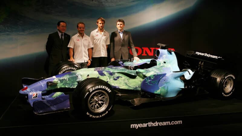 Yashurio Wada (JPN) President Honda Racing F1 Team Rubens Barrichello (BRA) Honda Racing F1 Team Jenson Button (GBR) Honda Racing F1 Team and Nick Fry (GBR) Honda Racing F1 Team Chief Executive Officer Honda RA107 Launch, 26 February 2007