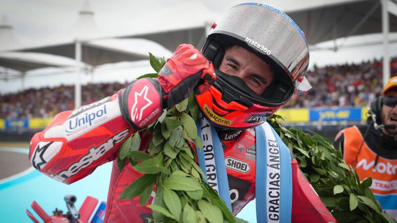 Marc Marquez in Angel Nieto laurel after winning 2025 MotoGP Argentine Grand Prix