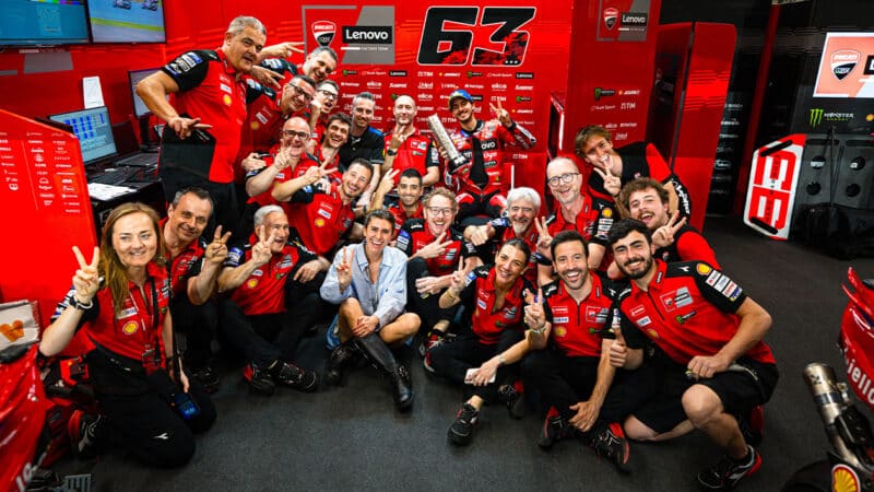 Pecco Bagnaia Ducati crew celebrate second place finish in 2025 MotoGP Qatar Grand Prix