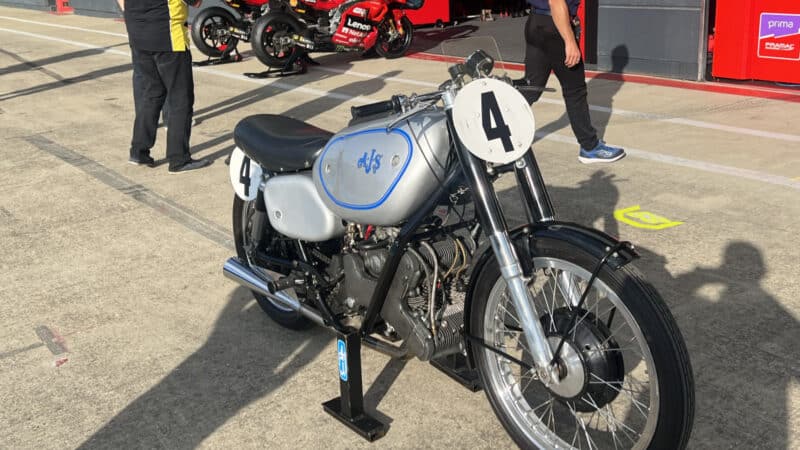 The AJS 500cc twin, winner of the inaugural 1949 500cc/MotoGP championship, and two Ducati Desmosedici GP24s at Silverstone last year. Technical rules rarely changed in the past; now they change all the time