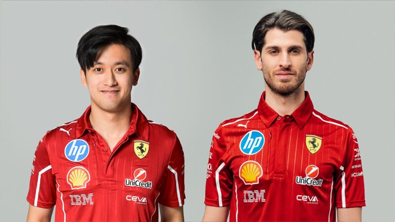 Zhou Guanyu and Antonio Giovinazzi in Ferrari outfits